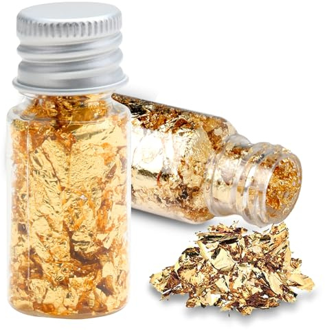 Gold Leaf Flakes 2 Bottled Cake Edible Gold Leaf 24K Decorative Gold Foil Sheets Metallic Gilding Paper Decorating Sprinkles Multi Cupcake Toppers for DIY Craft Kitchen Mousse Icing Cooking Chocolate