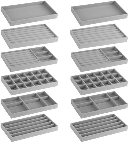 BOJVESH 12Pcs Velvet Stackable Jewellery Trays, Grey Jewellery Drawer Organiser, Large Removable Insert Display Tray, Necklace Bracelet Storage Box for Earring, Ring, Brooch, Watch