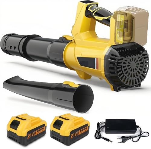 Soffiatore a Batteria, 21V Soffiatore di Foglie con 3,0Ah Batteria, 240Km/H e 6 Velocità, indicatore LED per la Cura del Giardino, Pulizia Della Neve (con 2 batterie)