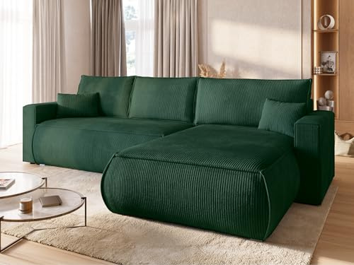 BROMARKT Ecksofa mit Schlaffunktion Couch L Form 270x173x80 cm Grün | Sofa mit Bettkasten Wohnlandschaft Schlafsofa freistehend HAVANA Schlafcouch mit Stauraum Cord 3 sitzer Sofabed Eckcouch