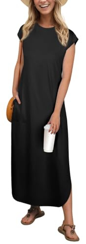 PrinStory Abito Lungo da Donna con Tasche Maniche a Cappuccio Abiti Estivi per Signore Leggeri Prendisole da Spiaggia Festa in Ufficio, Nero , XXL