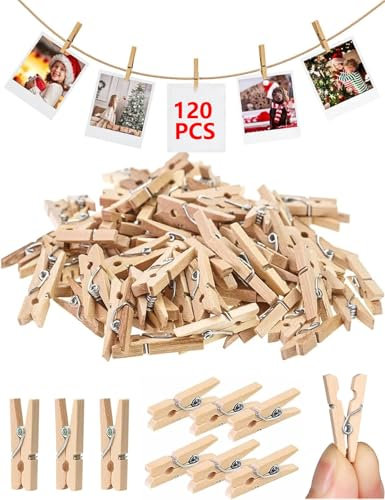 120 Mini Pinces à Linge en Bois Léger, Décoration Maison et Les Photos, Pinces à Linge en Bois Naturel pour Artisanat et Déco Mariage Photo (Nature, 3cm)