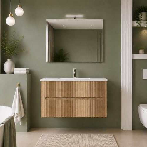 Yellowshop | Mobile Bagno Sospeso FLY 100 cm - 2 Cassetti con Lavabo Ceramica, Specchio LED e Finitura Cannettata, Chiusura Soft-Close Rovere Tabacco (Composizione Completa)