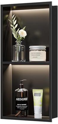 Neohomee Ducha de pared de acero inoxidable con luz LED, nicho de ducha negro con estante doble nicho de almacenamiento para baño, 60 x 30 cm