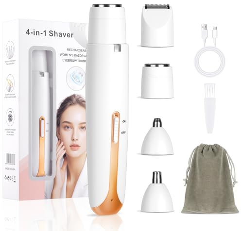 AOOWU Afeitadora Mujer, 4 en 1 Rasuradora Mujer Zona Intima, Recargable Kit Afeitadora Electrica, Portátil Afeitadora Electrica Mujer para Cuerpo, Zona del Bikini, Vello Facial, Nariz y Cejas, Blanco