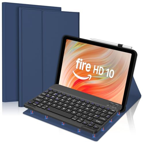 FOGARI Keyboard Case for Fire HD 10 & 10 Plus 10.1 inch (13th/11th Generation 2023/2021), Detachable Bluetooth UK Version Keyboard Cover, Dark Blue