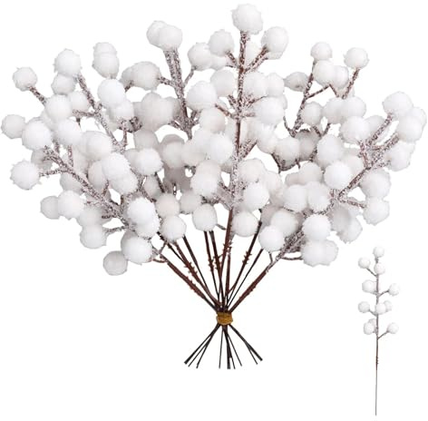 Jaarssho 20 Stück Weiß Beeren Deko Weihnachten,Beerenzweig Künstlich,Gefälschte Zweige Stechpalme Deko 22 cm Länge, Leuchtende Farben,Dekoration für Weihnachten,Hochzeit,Handwerk und Heimornamente