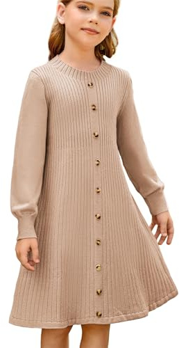 GRACE KARIN Vestido Suéter de Niñas de Punto Acanalado de Manga Larga con Cinturón Vestido Pullover para Otoño Invierno, marrón claro, 6-7 años