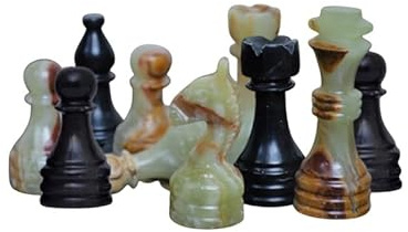 Gewichtete Marmor-Schachfiguren – Nur Figuren, kompatibel mit 30,5 × 30,5 cm Schachbrett | Zeitlose Eleganz aus Stein (Schwarz & Grüner Onyx)
