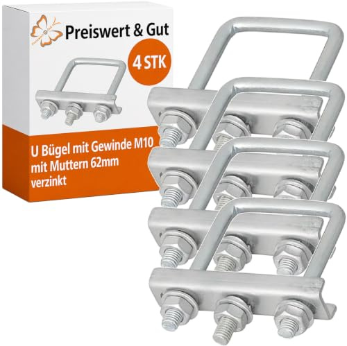 4STK U Bügel mit Gewinde M10 für Zaunbefestigung Vierkant mit Muttern 62 mm | Klemmschelle mit Muttern und Unterlegscheiben, Innenabmessung Bügel ca. 62 mm Preiswert&Gut