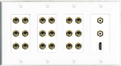 RiteAV Placa de pared con sonido envolvente 9.2, 9 altavoces, 18 conectores banana con 2 subwoofer RCA + conectores HDMI hembra, 4 bandas [blanco]