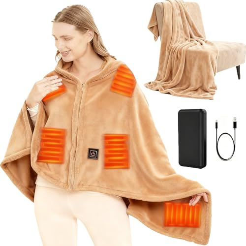 Coperta elettrica USB con batteria da 10000 mAh, 150 x 80 cm, senza fili, 3 livelli di temperatura, flanella singola, Electric Blanket Shawl, coperta termica per ufficio, pausa pranzo, viaggi