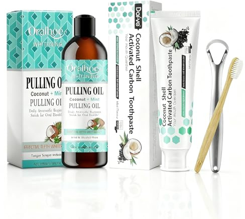 Aceite de Coco Natural Colutorio Enjuague Bucal Aceite de Menta 100ml con Pasta de Dientes Carbón 120g Raspador de Lengua Cepillo de Dientes, Kit Higiene Bucal para Ayudar a Tener un Aliento Fresco
