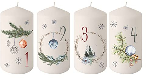 wolga-kreativ moderne bedruckte Adventskerzen Kerzen mit Zahlen Tannenbaum Glasschmuck Stumpenkerze-n Adventsset als Geschenk oder für eigenen Adventskranz