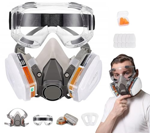 Whemyreat Wiederverwendbare Vollgesichts-Atemschutzmaske mit Filter and Brille Gasmaske mit 10 Ersatzfiltern, für Lackieren, Staub, Epoxidharz, Farbe