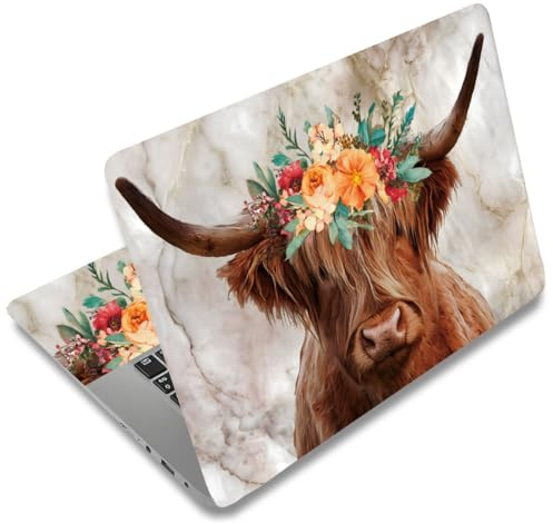 SUPERDANT Hochlandrind Mit Blumenkranz Laptop Haut Tier Kuh Laptop Aufkleber PVC Computer Aufkleber Staubdicht Wasserdicht Kunst Abziehbild Schutz 12 13 13.3 14 15 15.4 15.6 Notebook Kunst Abziehbild