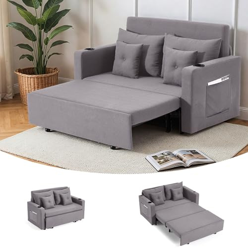 EROMMY Schlafsofa, Schlafcouch ausziehbar mit 4 Kissen, Sofa 2 Sitzer mit Getränkehalter, USB & Seitentaschen, Metallgestell,Couch mit Schlaffunktion für Wohnzimmer & Schlafzimmer, Grau