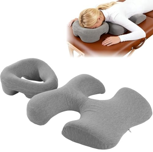 NIMBLOOM 2 Pcs Bed Face Down Pillow Set, Including Skin-Friendly Facial Head Cushion with Breathing Hole and Supportive T-Shape Chest Cushion for Home & SPA Relaxation, Gray