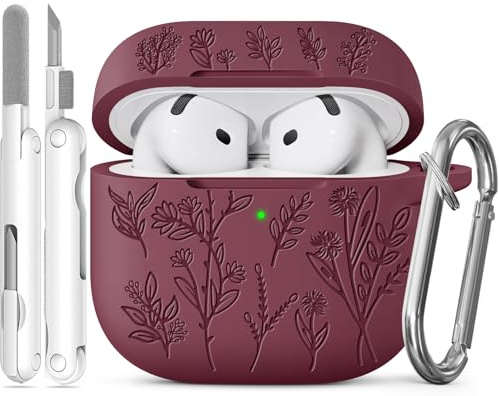 Joremx Funda para AirPods 4 con Lindo diseño de Hierba (Burdeos) | Grabado Láser, Case Ideal para mujeres y niñas, Material de silicona suave, Incluye kit de limpieza y llavero