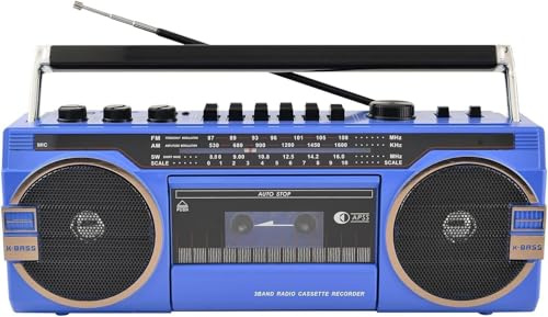 Vintage stil Bluetooth Boombox radio, bärbar stereohögtalare med kassettspelare, USB TF-kortuppspelning och inspelning, retro 80-talsdesign