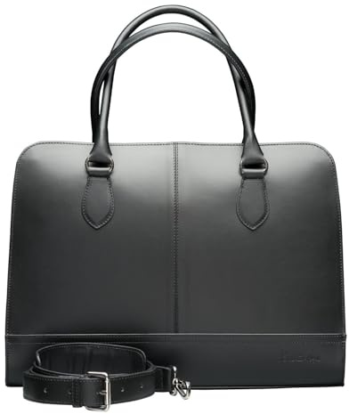 Su.B Laptoptasche 15.6 Zoll für Damen, Umhängetasche aus Spaltleder mit Schulterriemen und Kofferband, Hergestellt in Italien - Schwarz