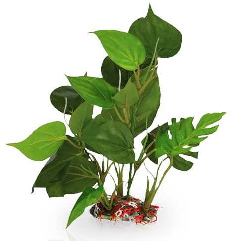 SunGrow 10 Plastic Leaf Plant, Heavy-Duty Ceramic Base, Hiding Spot for Fish, Betta, Angelfish, Gold Fish, Frog, Python, Reptiles, Amphibians