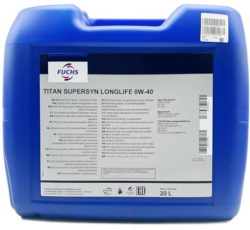 20 Liter FUCHS TITAN SUPERSYN LONGLIFE 0W-40 Motoröl Öl MB 229.5 VW 502/505.00