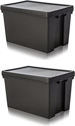 Wham Bam 100% Recycled Super Strong Impact Resistant Black Re-Usable Storage Boxes With Lids 62 Litre 59.5 x 40 x 37cm (2 Boxes)