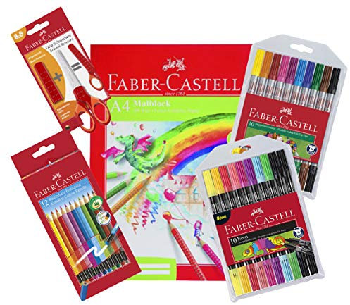 Faber-Castell Radierbare Buntstifte mit Gummitip, 12er Kartonetui (+ Doppelfasermaler, Neon + Standard + Malblock A4 + Schulschere)