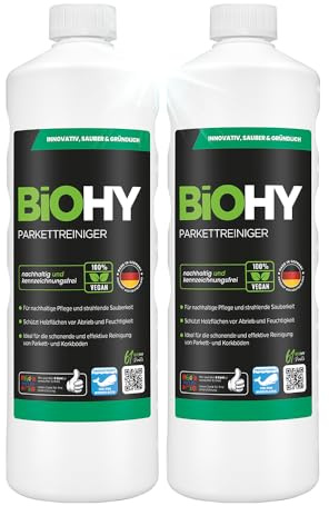 BiOHY Parkettreiniger (2 x 1 liter) | Konzentrat für versiegeltes & geöltes Parkett | materialschonend & schmutzlösend | für eine streifenfreie Reinigung | 2 in 1 Pflege & Reinigungsmittel