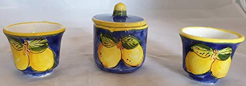 TAZZINE CAFFE’ CON LIMONI (6 PEZZI) + ZUCCHERIERA IN CERAMICA DI VIETRI DIPINTI A MANO, ARREDO TAVOLA COSTIERA AMALFITANA BARATTOLO BOMBONIERA MADE IN ITALY