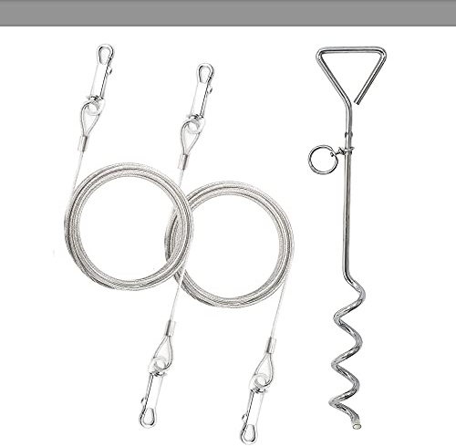 2 X 1.8m Dog Chains for Outside, Dog Tie Out Cable & Steel Spiral Heavy Duty (40cm) Ground Spike Stake Dog Tether Camping, (SILVER)