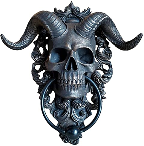 Alacritua Türklopfer mit Skelettkopf Diabolus Horned Skull Door Knocker, Türklopfer mit Totenkopf-Motiv, goldfarben, Polyresin (Mysteriöser Ziegenkopfcharakter)