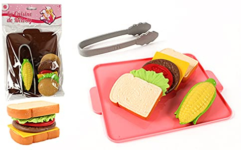 FLYPOP'S - Plateau-Sandwich zum Schneiden - Rollenspiel - 118722 - Mehrfarbig - Kunststoff - Küche - Lebensmittel - Kinderspielzeug - Pizza - Steak - 28 cm x 20 cm - Ab 3 Jahren.