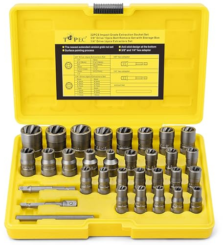 32Pcs Bolt Extractor Set, Extended Version Impact Bolt & Nut Remover Set with Hex Adapter, Stripped Bolt Remover Tool Kit for Removing Damaged, Frozen, Rusted, Rounded-Off Bolts, Nuts & Screws