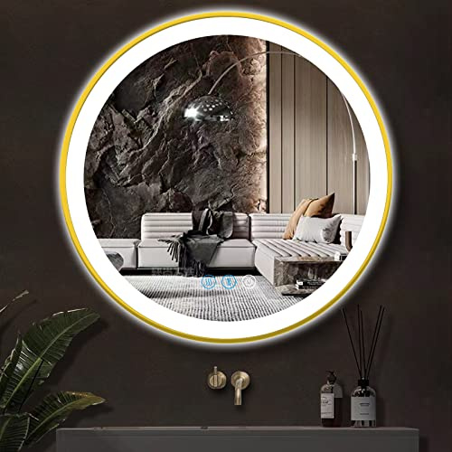 ARUMMA Gold Bathroom Round LED Mirror with Lights Gold Frame 20 Inch Round Lighted Mirror for Bathroom Wall Round Vanity Lighted Mirrors 3 Color Dimmable Anti Fog Bathroom Light up Smart Circle Mirror