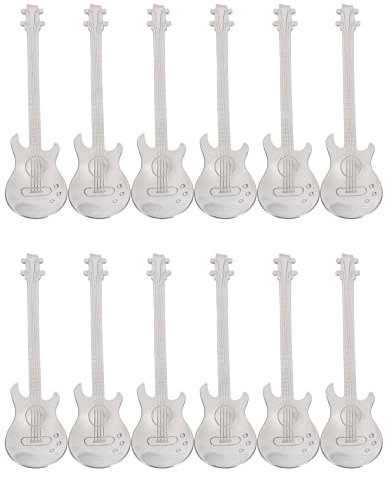 Cusstally Kaffeelöffel für Gitarre, 12 Stück Kreative Kaffeelöffel aus Edelstahl, Rührlöffel in Gitarrenform (Silber)