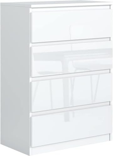 meble masztalerz Kommode 70, 4 Schublade, Weiß Hochglanz Fronten | Kommodenschrank 39x70, 4x102 cm, Moderne Schubladenschrank, Sideboard für Wohnzimmer, Flur & Schlafzimmer