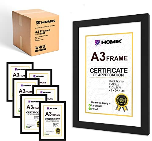 HOMIK Pack of 6 - A3 Photo Frame – Acrylic Glass A3 Picture Frame Black for Home Decor & Gifting