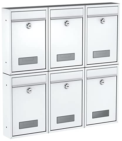 BASI | Lot de 6 boîtes aux Lettres murales compactes | Format DIN B5 | Acier Blanc Mat | Plaque Nominative | 2 clés chacune | Matériel de Fixation Inclus | Ensemble 6 pièces