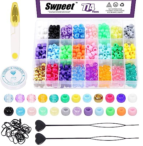 Swpeet Lot de 1 254 perles de 24 couleurs pour tresses de cheveux, élastiques en caoutchouc, y compris perles Candy Pony, élastiques en caoutchouc, perles rapides pour tresses de cheveux, ciseaux et