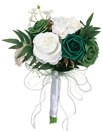 Perfeclan Bridal Wedding Bouquets Artificial Rose Flowers Bouquet Handmade Romantic Wedding Bouquets for Bride Bridesmaid Holding Flowers, Green White