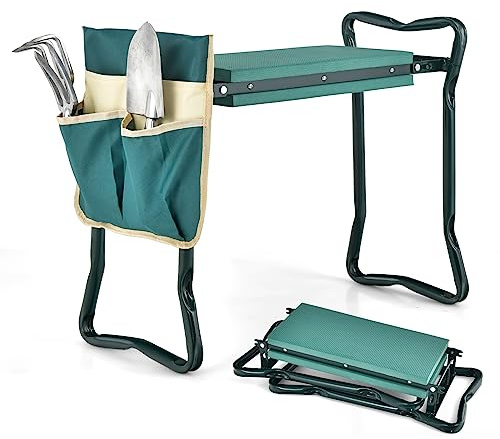 GOPLUS Banc de Jardin à Genoux et Assis, Siège de Jardin Portable avec Grande Poche à Outils et Coussin en Mousse EVA pour Les Genoux, Outil de Jardinage Pliable pour Les Jardiniers(2 Pochettes)