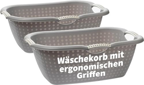 Wäschekorb 2er Set, 28 Liter - Wäschewanne GroÃŸ mit ergonomischen Griffen, Robuster Wäschekorb Plastik, für Innen- und AuÃŸenbereich, 60 x 40 x 22 cm, Grau, Made in EU