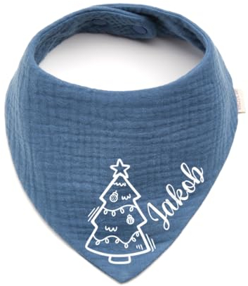 Personalisiertes Dreieckshalstuch aus Baumwolle/Musselin | Weihnachtsbaum mit Namen | Halstuch für Jungen, Mädchen | Viele Farben (Indigo)