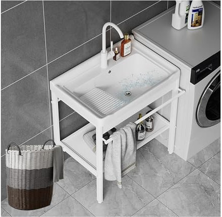 Lavabo Lavanderia Utilità,Lavello da Cucina Autoportante,Lavandino da Giardino Esterno,Lavatoio Ceramica,Supporto in Acciaio Inox,con Rubinetto,Componenti di Drenaggio,per interno/Esterno (Color : P