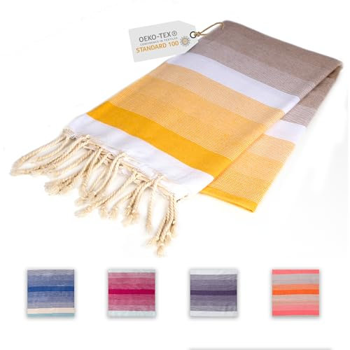 Sandrella Asciugamano per hammam, in puro cotone, per sauna, spiaggia, doccia, bagno e yoga, 90 x 170 cm, colore: giallo/bianco/marrone
