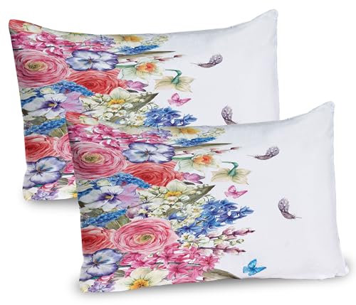 ABAKUHAUS Blume Kissenbezug Packung mit 2, Weinlese-klarer Kranz mit Narzissen-Hyazinthen-Kamillen-Lilien-Schmetterlings-Bild, Dekorativer Standard Gedruckter Kissenbezug, 80 x 40 cm, Pink Blau