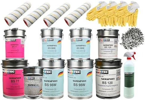 SAMATEC 2K Epoxidharz Komplett Set Bodenbeschichtung Betonbeschichtung Estrichbeschichtung inkl. Grundierung und Werkzeug für 25m² (RAL 7001 Silbergrau)
