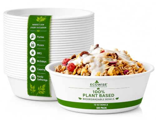 Best House 500 Pack 12 oz (340ml) Bagasse Bowls Biodegradable and Compostable Eco-Friendly White Sugarcane Bowls Perfect for Milk Cereals Snacks Salads Picnics BBQ Parties